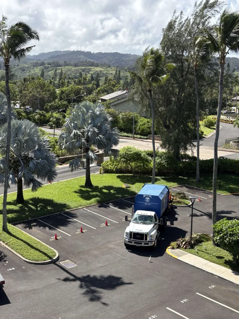 HTM chip truck parked among tall coconut palms at Kuilima Estates East